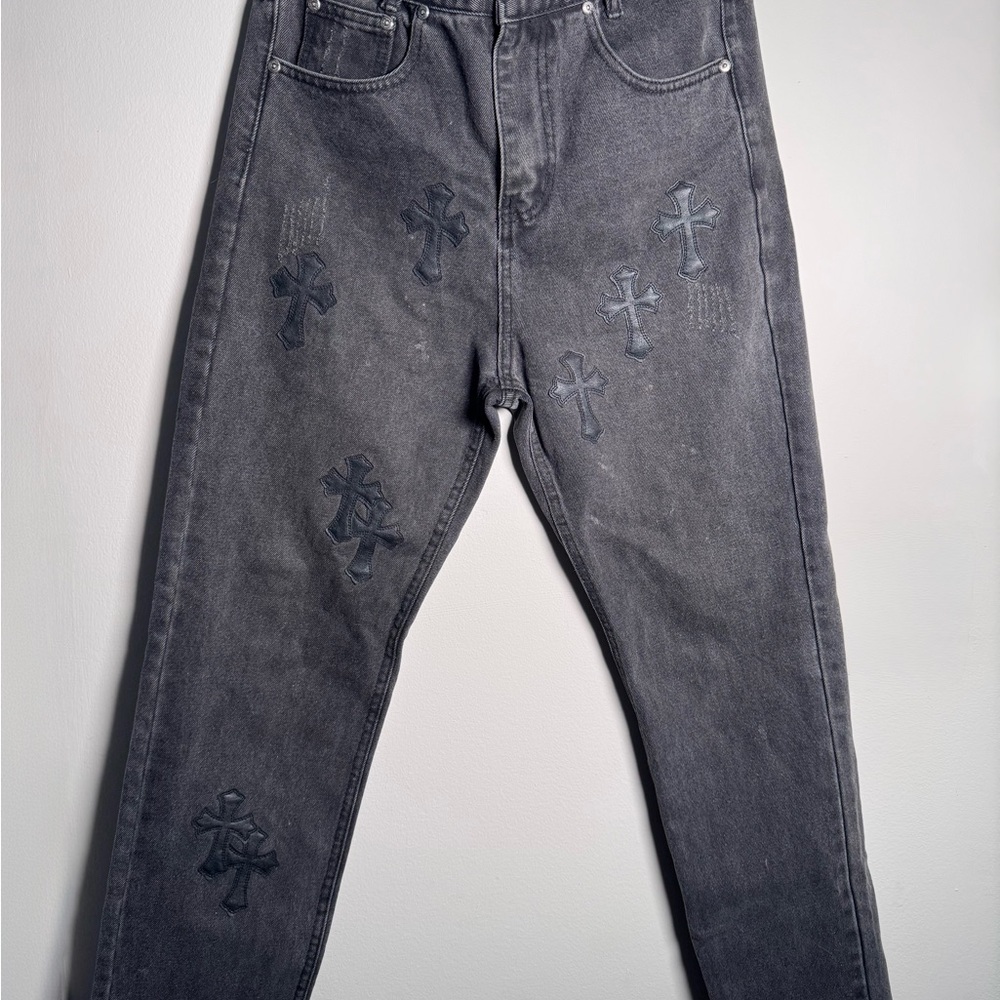 Men's Gray Jeans with Cross Embroidery
